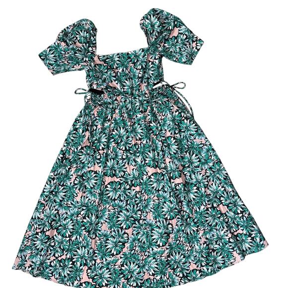 Zara Floral Side Cut-Out Poplin Puff Sleeve Midi Dress Green Pink Size Medium - Picture 5 of 14